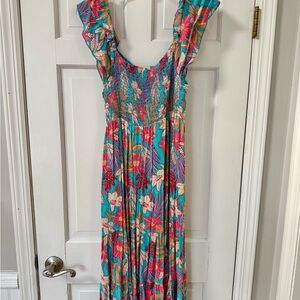 bohme Turquoise, Coral and Cream Floral Smocked Maxi Dress